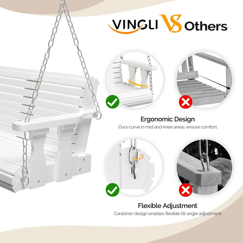 VINGLI Upgraded Patio Wooden Porch Swing for Courtyard & Garden, Heavy Duty 880 LBS Swing Chair Bench with Hanging Chains for Outdoors (5 FT, White)