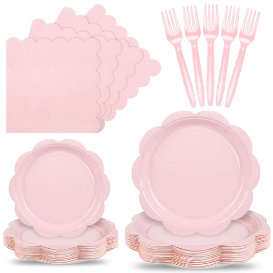 Houuqe 96 Pcs Pink Paper Plates and Napkins Set Party Supplies, Tableware set for 24 Guest include Disposable Pink Scalloped Plates, Napkins and Forks for Baby Shower Bridal Shower Wedding Birthday
