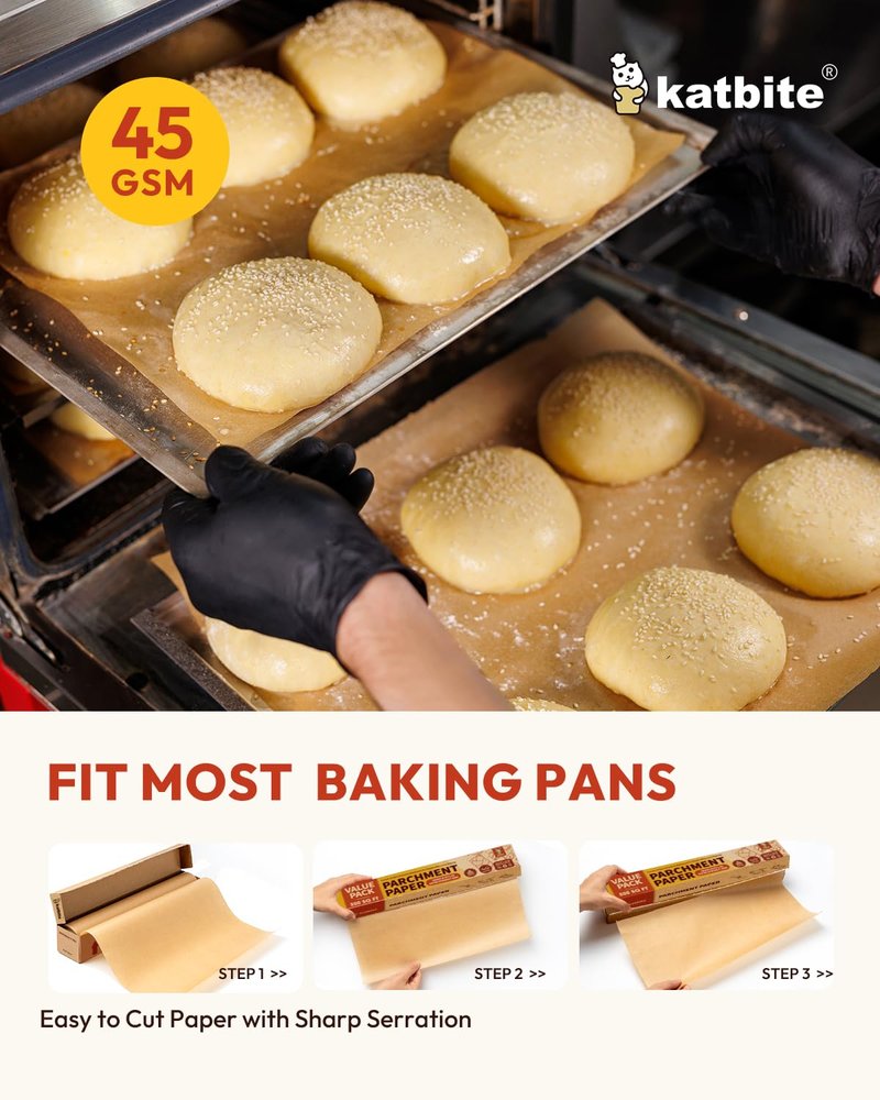 Katbite Unbleached Parchment Paper Roll, 15in x 242ft, 300 Sq.Ft, Non-Stick with Serrated Cutter for Baking, Cooking, Air Fryer