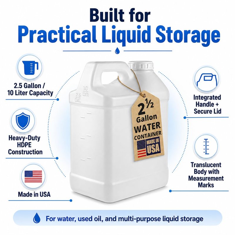 kitchentoolz 2.5 Gallon Water Jug – Water Container Heavy-Duty HDPE Carboy for Automotive Used Oil Container & Liquid Storage – 10 Liter Water Jugs with Secure Lid – Made in USA