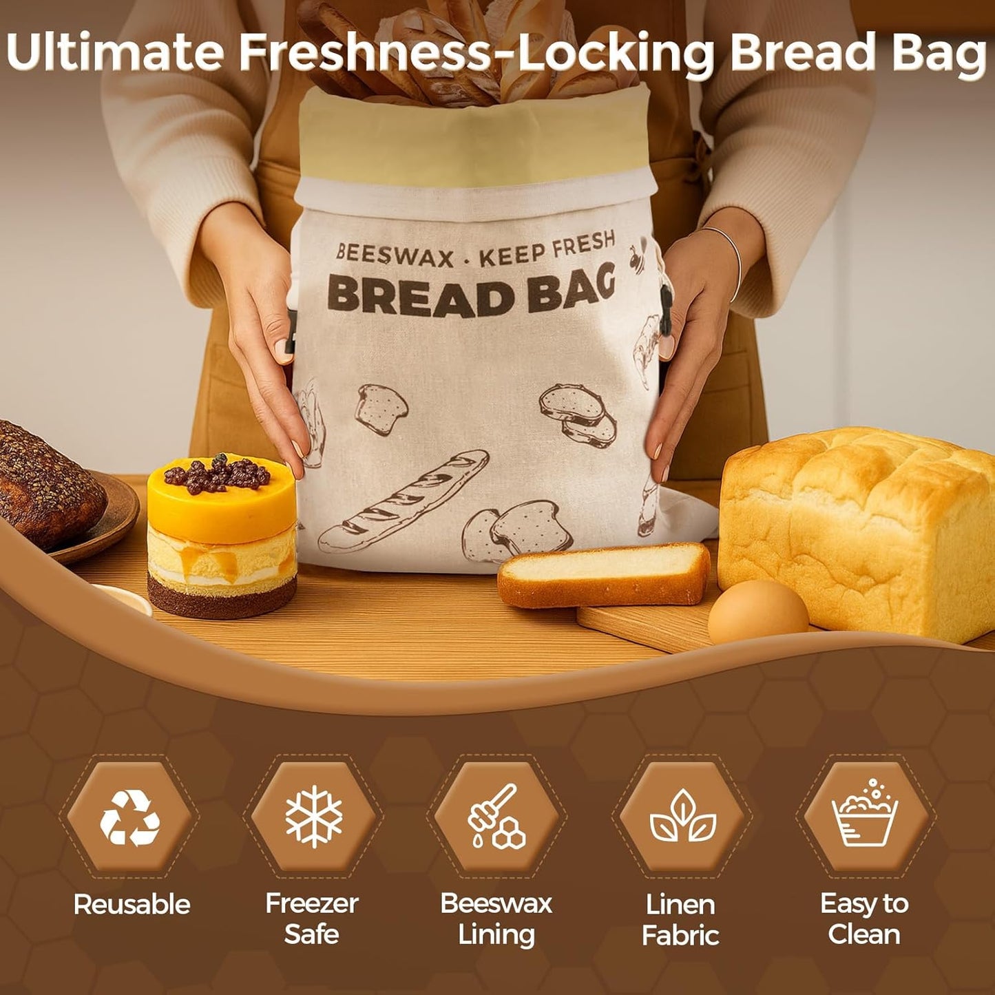 YARRAMATE Beeswax Bread Bags - Reusable Linen Food Storage for Fresh Homemade Sourdough | Large 17x13", 2 Pack