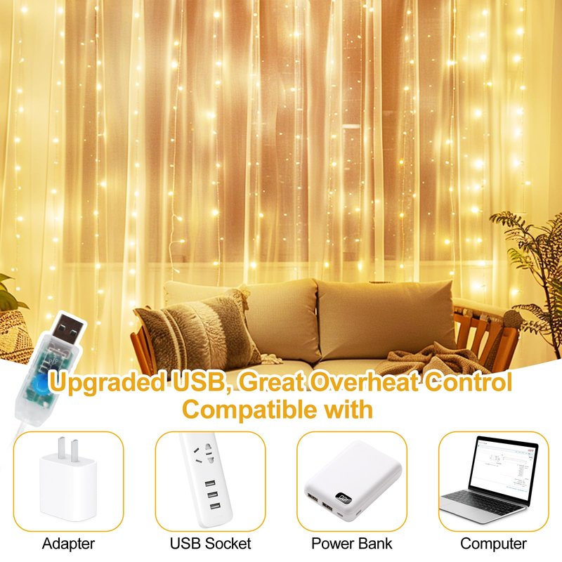 HOLITS 2 Pack 300 LED Fairy Curtain Lights, 9.8 x 9.8FT Warm White USB Plug in 8 Modes String Hanging Lights with Remote for Christmas, Bedroom, Indoor, Outdoor, Weddings, Party (Warm White)