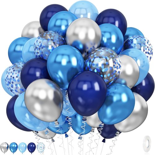 Blue and Silver Balloons by [Brand Name] - 60 Pcs Metallic Confetti Helium Latex for Birthday & Graduation Decor