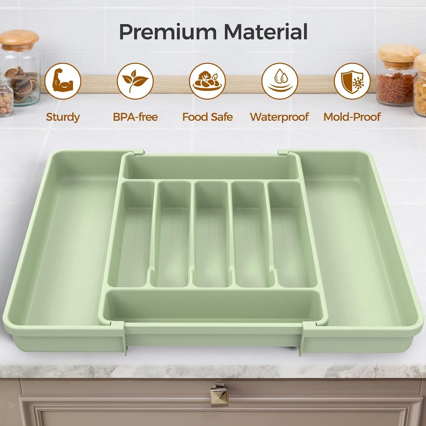 Ukeetap Extra Large Expandable Silverware Organizer - BPA-Free Cutlery Holder | Adjustable Green Design