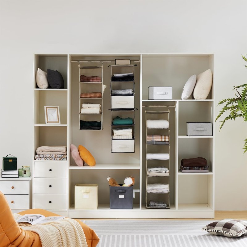 YOUDENOVA Hanging Closet Organizer, 5-Shelf Closet Hanging Storage Shelves, Beige