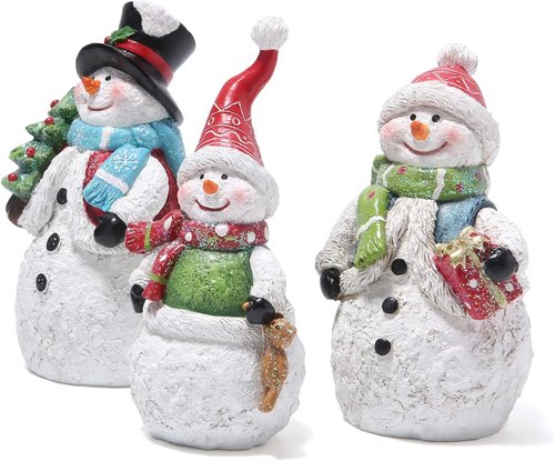 Hodao Snowman Figurines - Set of 3 Hand-Painted Resin Christmas Ornaments | Glitter Accents for Holiday Decor