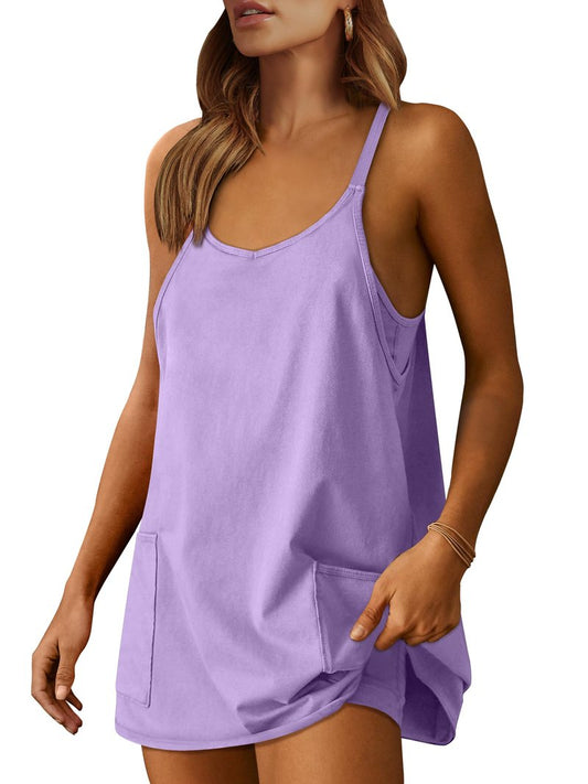 ANRABESS Women Athletic Dress Summer Tennis Workout Active Sports Mini Romper Dress Built in Shorts Travel Vacation Clothes Purple Medium