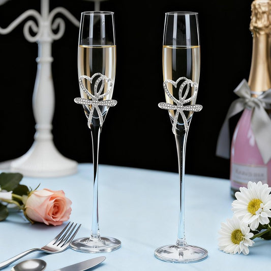 Jozen Gift Silver Champagne Flutes - Set of 2 Hand Blown Champagne Glasses wtih Metal Accent DOUBLE HEARTS- Gifts for Birthday,Wedding, Mother’s Day - 6 oz (Modern, Silver)