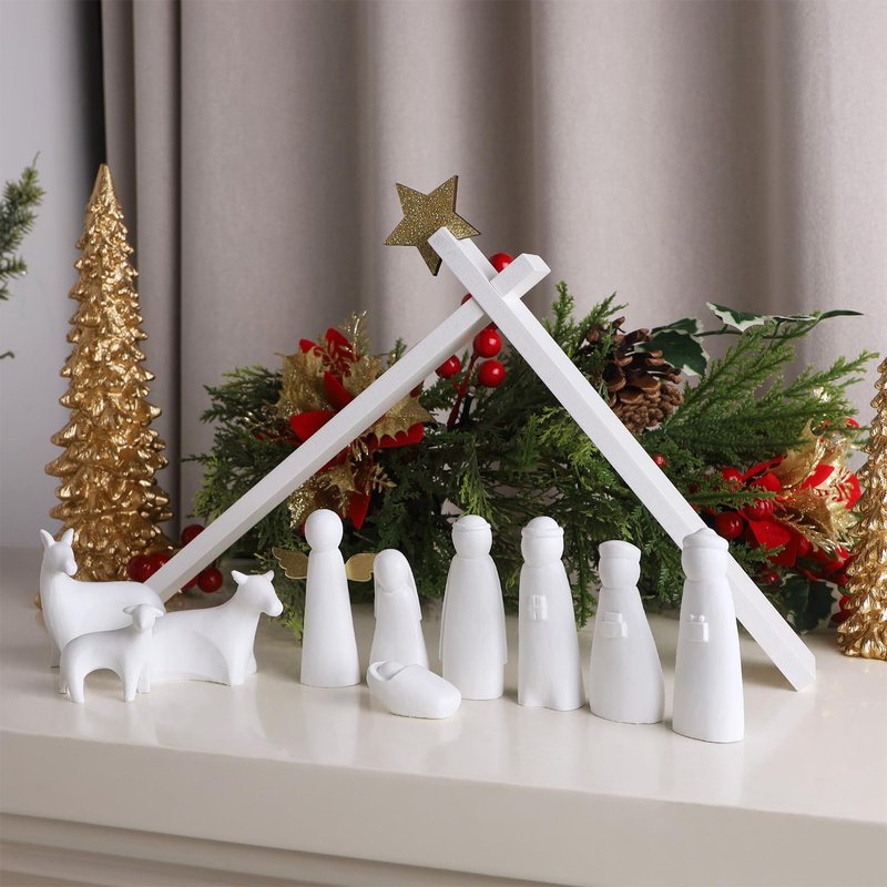 Juegoal Christmas Nativity Sets, Set of 11 White Mini Nativity Scene Resin Figurines, Xmas Holy Family Table Ornaments, Religious Holiday Collection Gifts, Baby Jesus Nativity Mantle Shelf Decor