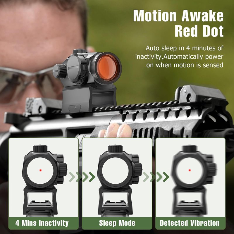 Motion Awake Red Dot Sight 1x20mm 2 MOA Red Dot Optics 10 Level Brightness Rifle Scope Reticle Sights with Co-Witness Riser and Low-Profile, Fits 20mm Rail Mount, IPX7 Waterproof, 1000G Shockproof