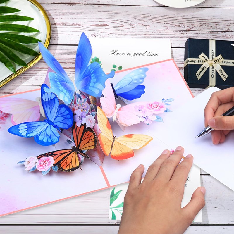 ROBBEAR Pop Up Card, Butterfly and Flower 3D Greeting Card with Envelope for Any Occasion, Birthday, Mother's Day, Anniversary, Valentines Day, Handmade Gifts, Foldable Celebration Cards for Friends