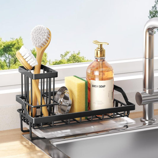 Consumest Sponge Holder for Kitchen Sink - Kitchen Sink Caddy Organizer with Removable Drip Tray for Countertop Dish Soap Dispenser Brush Storage Accessories 304 Stainless Steel - Black