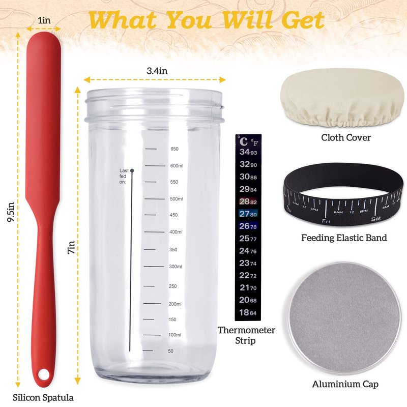Sourdough Starter Jar Kit, 650ml Sourdough Starter Jar With Thermometer, Silicone Scraper, Cloth Cover And Aluminum Lid. Reusable Sour Dough Starter Jar