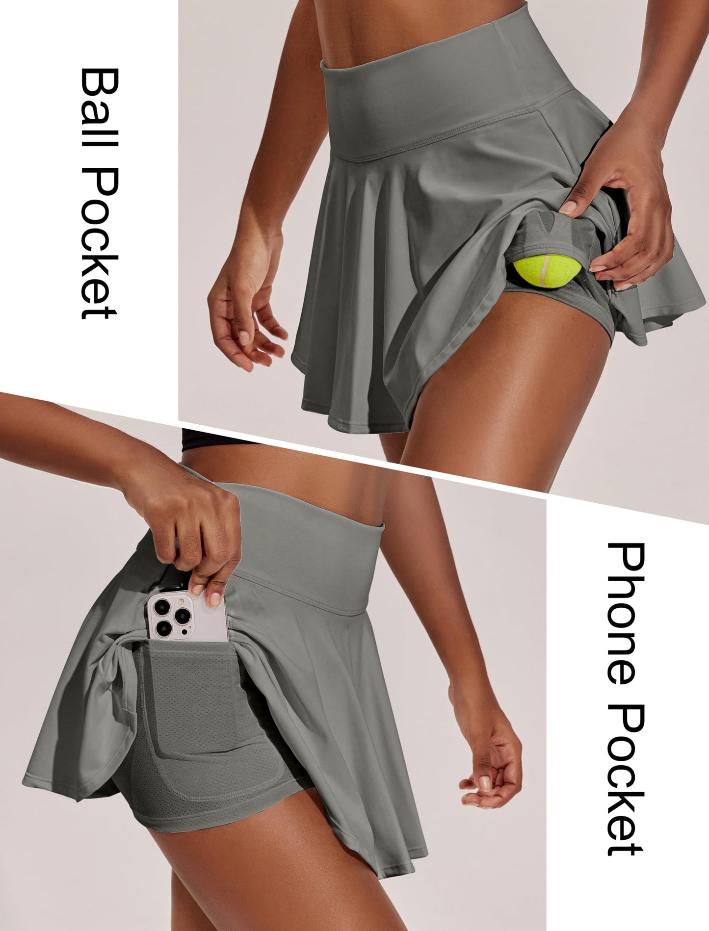 PINSPARK Women's Tennis Skirt with Shorts Tummy Control Golf Skorts High Waist Pickleball Skirts with Pockets Grey Sage XL
