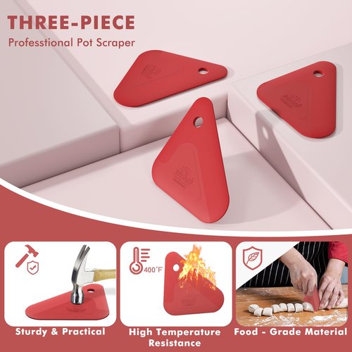 Food Scraper, 2-in-1 Pot and Pan Dish Scraper, Nylon and Silicone, Kitchen Scraper Tools for Cast Iron Skillets, Cookware, Dishes, Pans and Pots, Heat Resistant, Set of 3 - Red