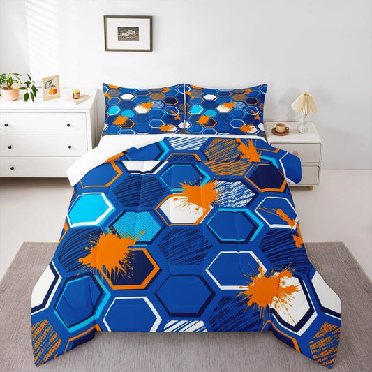 Homewish Honeycomb Kids Comforter Set Full Size,Geometric Hexagon Patchwork Bedding Set,Girls Boys Adults Room Decor,Modern Fashion Down Comforter,Blue Orange Bright Duvet Insert,2 Pillowcases