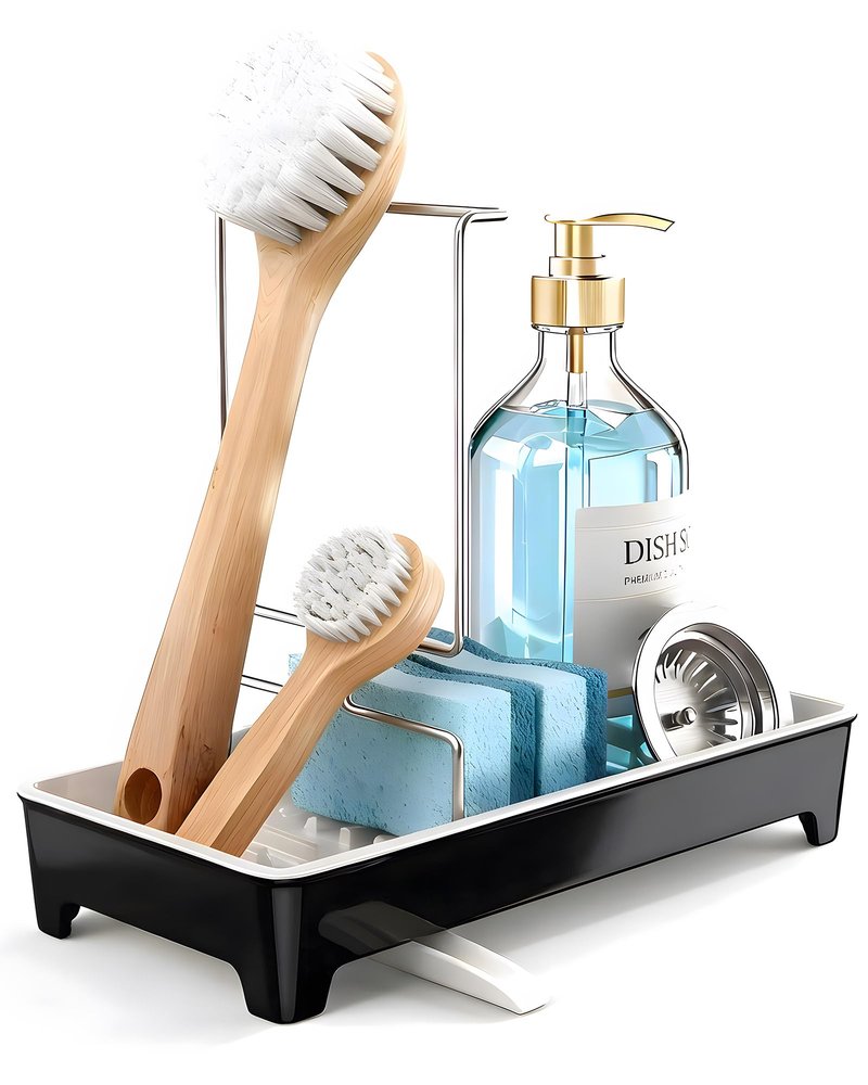Caumic Minimalist Sink Caddy, Rustproof Sponge Holder for Kitchen Sink with 304 Stainless-Steel Brush Holder, Countertop Rack Organizer with Raised Ridges & Silicone Drain Tube (Black, Large)