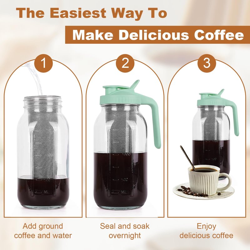 Cold Brew Coffee Maker，64 oz Wide Mouth Mason Jar Pitcher with Stainless Steel Filter, Pour Spout Handle Lid, Heavy Duty Glass Airtight & Leak-Proof for Iced Coffee Tea & Lemonade-Green
