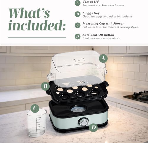 Cook With Color 6-Egg Capacity Egg Cooker - Rapid Cooking for Soft, Medium, or Hard-Boiled Eggs | Auto Shut-Off & Boil-Dry Protection, Sage