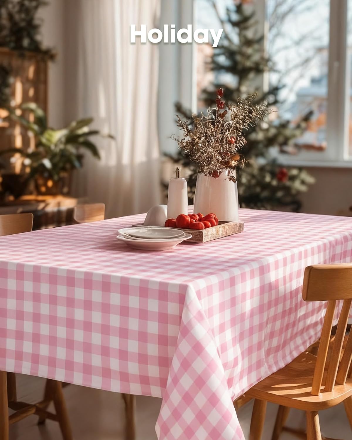Pureegg Disposable Plastic Tablecloths - Sturdy 54 x 108 Inch Gingham Design, Pink & White Checkered, 8 Pack
