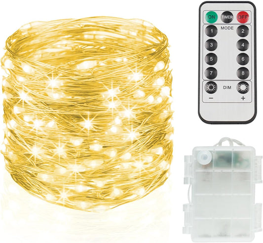 Suddus Fairy Lights - 33ft 100 LED Battery Operated Twinkle Lights with Remote & Timer | Waterproof Copper Wire for Indoor/Outdoor Decor (Warm White)