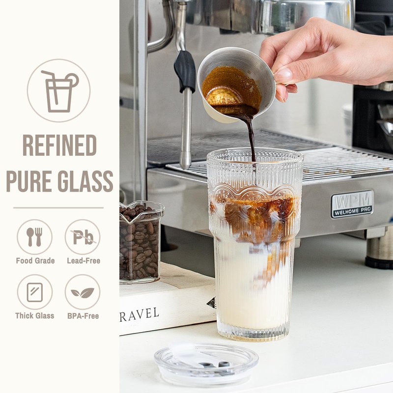 SoulTimes 20oz Ribbed & Floral Glass Tumbler Set of 2 – Reusable Glass Cups with Lid and Glass Straw, Iced Coffee Cups for Water, Smoothie, Milk, Cocktail & More – Perfect for Daily Use & Travel