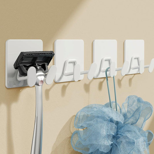 susswiff Adhesive Shower Hooks for Inside - Extra Sticky Stainless, Razor Holder Shower Accessories, Wall Mounted Self-Adhesive Double Hooks for Razor, Loofah, Towel, Shaver, Coat, Key, White, 4 Pack
