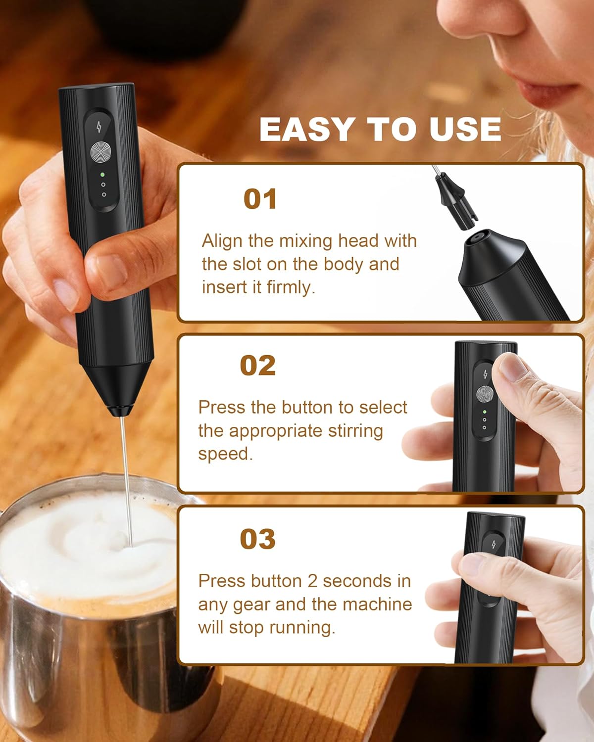 Skiennix 3-Speed Rechargeable Milk Frother - Dual Coil Whisk for Coffee, Matcha & Hot Chocolate | Portable Black Handheld Wand