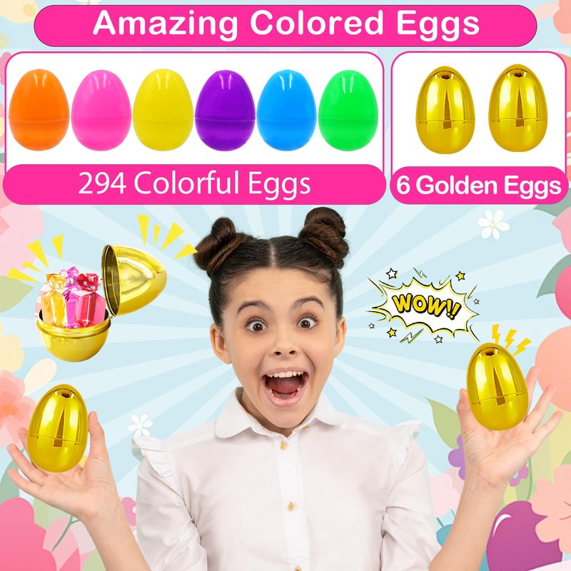 PIONJOY [6 Golden Eggs] 300 PCS 2.4" Fillable Plastic Easter Eggs Empty Easter Eggs Colorful Plastic Eggs Bulks for Kids Teens Boys Girls Easter Basket Stuffers Hunt Easter Party Favor