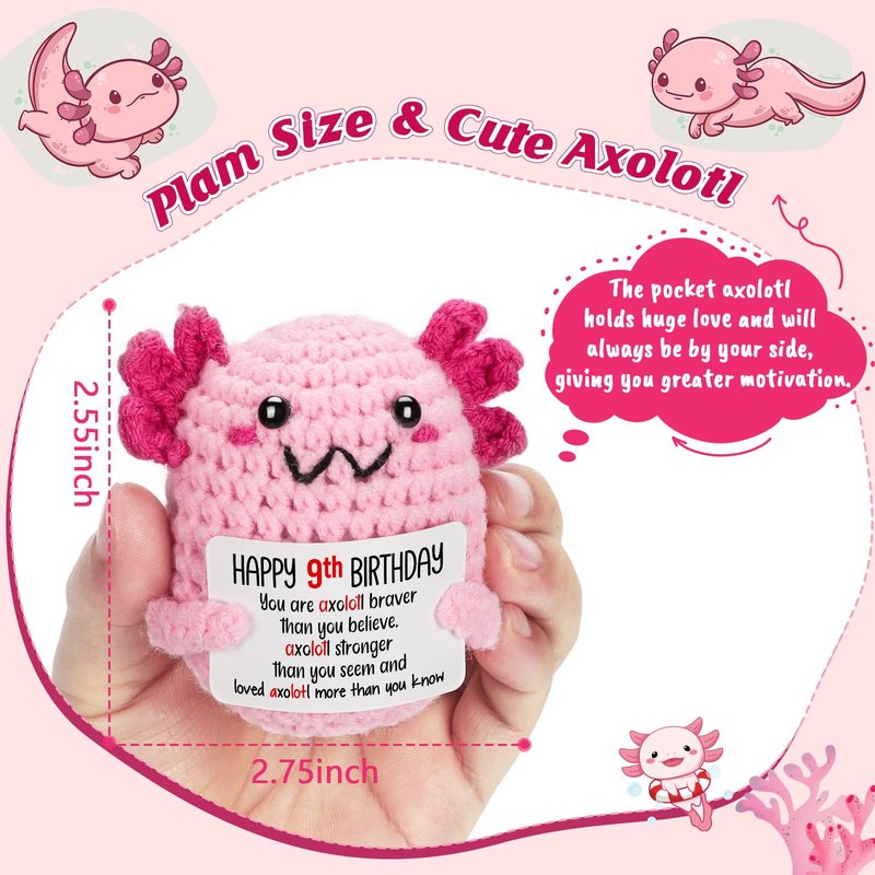 WEYON 9 Year Old Girl Birthday Gift Ideas, Mini Crochet Axolotl Plush for 9th Birthday Gift for Girls, 9th Pink Decorations, 9 YO Presents Axolotl Toy