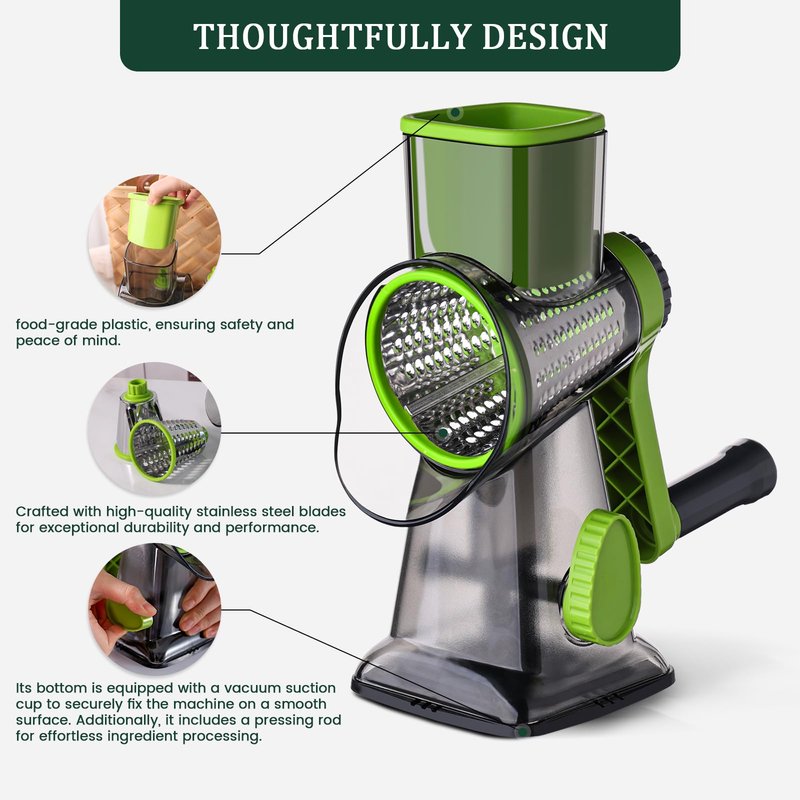 HANSGO Rotary Cheese Grater, 3 Stainless Steel Blades, Labor-Saving Handle, Strong Suction Base, for Cheese, Vegetables, Nuts, Chocolate & Fruits, Ideal for Family Meals, Salads, Pasta & Easy Cleanup