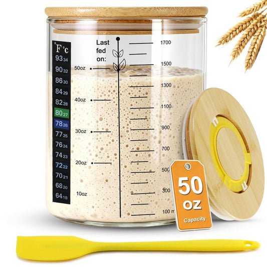 Sourdough Starter Jar, 50 oz Large Sourdough Jar with Time Keeper, Thermometer, Scraper, Wide Mouth Glass Sourdough Starter Kit for Beginners and Professional Bakers