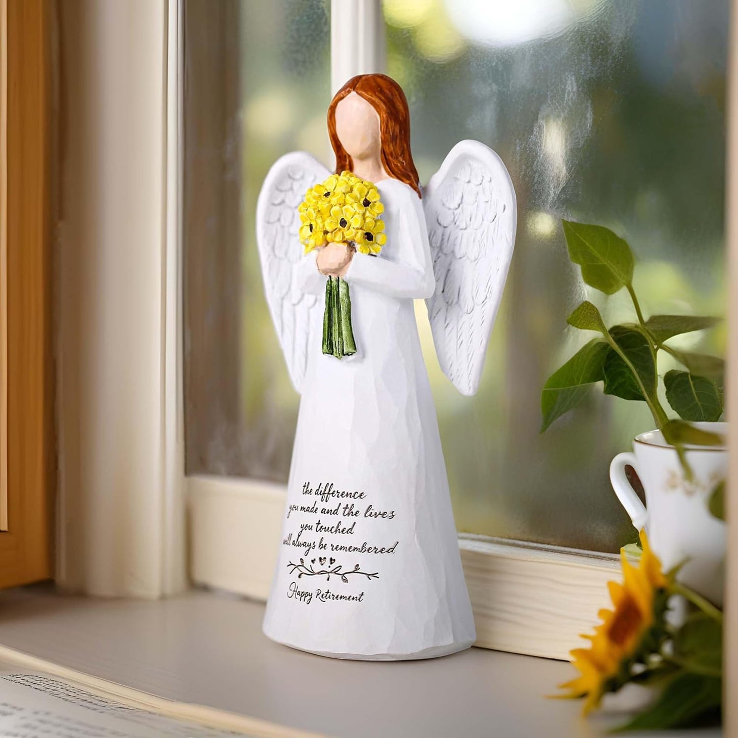 Skiennix Angel Figurine - 5.6'' Retirement Gift for Women | Guardian Angel Holding Sunflowers