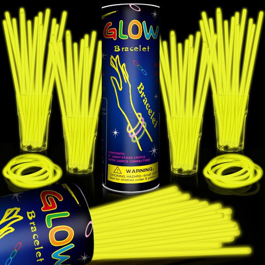 Taikula 200 Pack 8'' Glow Sticks Bulk Party Favors Yellow Light Up Sticks with Connectors Neon Glow in the Dark Party Supplies Bracelets for Holiday Birthday Party Decoration(Yellow)