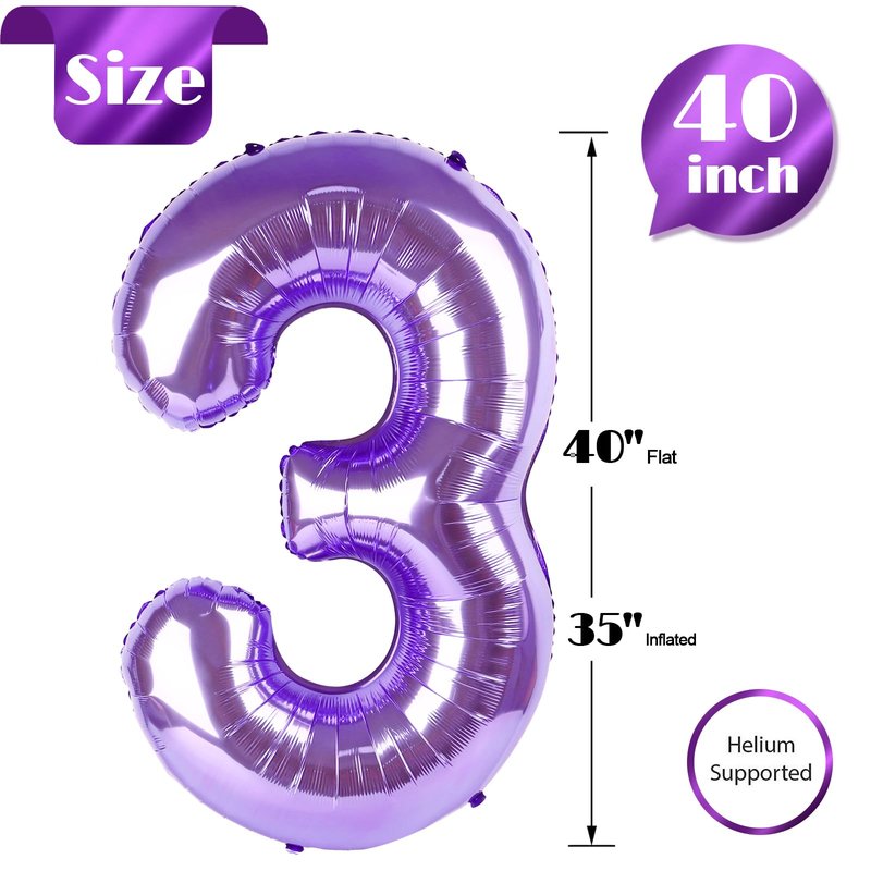 Purple 3 Balloon, Number Balloon 40 Inch, 3rd Three Year Old Birthday Deco, Purple Party Supplies for Party Decorations, Number 3 Balloon