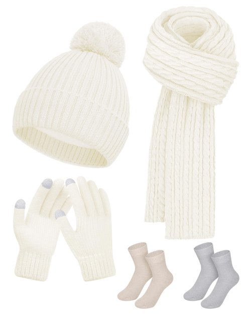DODOKIE 5 Pieces Winter Beanie Hat Scarf Gloves Touchscreen & Thick Socks Set for Women, Knit Fleece Lined Cold Weather Warm Outfits Accessories, Gifts for Her Mom Christmas Stocking Stuffers (White)