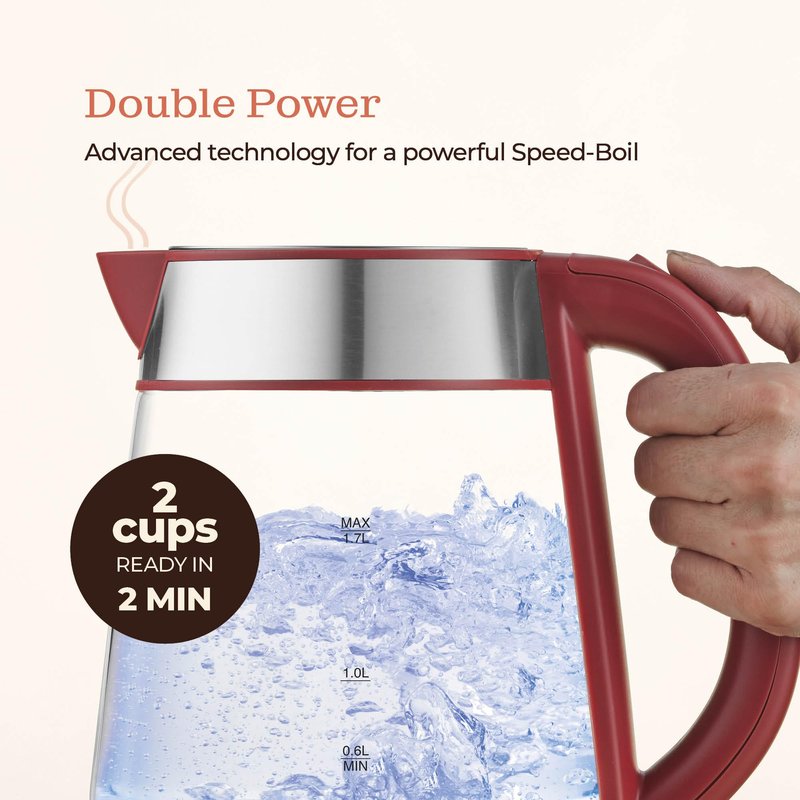 Speed-Boil Water Electric Kettle, 1.7L 1500W, Coffee & Tea Kettle Borosilicate Glass, Water Boiler, Auto Shut-Off, Cool Touch Handle, Base Detachable, LED. 360° Rotation, Boil Dry Protection