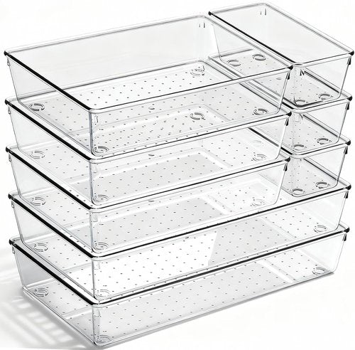 Clear Plastic Drawer Organizer Bins by [Brand Name] - 8 Pack Heavy-Duty Storage Trays for Kitchen & Bathroom
