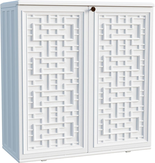 Mrosaa Waterproof Indoor Outdoor Storage Cabinet - Off White Plastic for Patio & Garden | 34.3''L x 15''W x 36.2''H