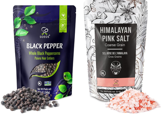 Soeos Whole Black Peppercorns & Himalayan Pink Salt Set - 12oz Peppercorns + 2lb Pink Salt
