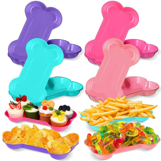 Nitial 60 Pcs Dog Bone Shaped Serving Trays, Plastic Dog Birthday Decorations Colorful Pet Patrol Plates Food Bowls Disposable Tableware Party Supplies(Sweet Color)