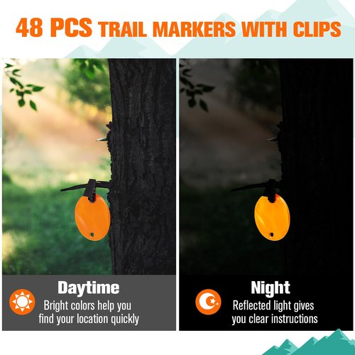Konohan 48 Pcs Trail Markers with Clips Round Reflective Tacks for Hunting Reflective Tree Tacks Trail Marking Ribbon with Clips Orange High-Visibility Tree Trail Markers for Outdoor Hiking