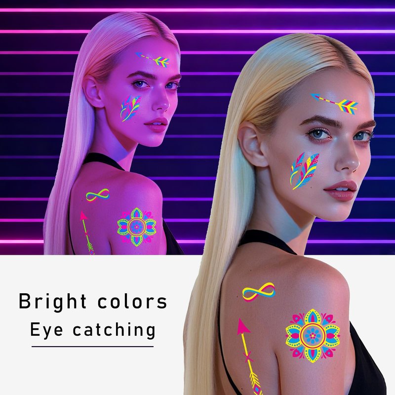 Glow in the Dark Party Supplies Temporary Tattoos 192+ PCS, Neon UV Blacklight Reactive Face Tattoos for for Party Supplies, Fluorescent Henna Flower Temporary Tattoos for Adults, Teens