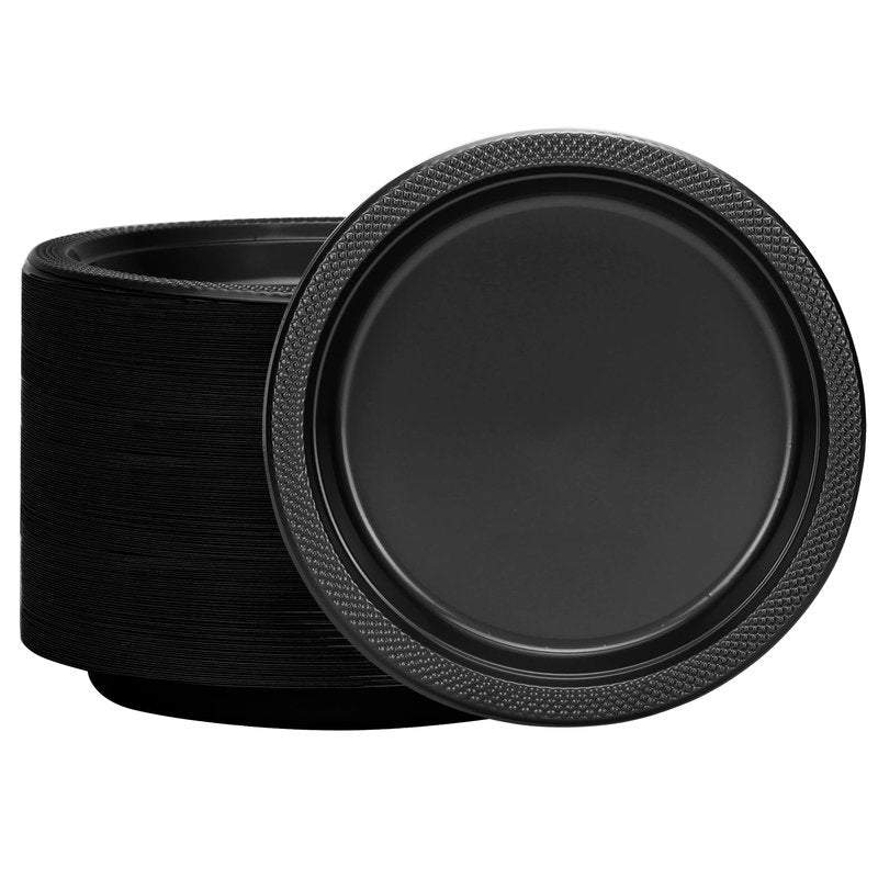 Black Plastic Plates 9 Inch - 50 count - Plastic Solid Round Party Plates For Weddings, BBQs, Birthday Plates - Disposable Black Plates - Plastic Dessert Plates