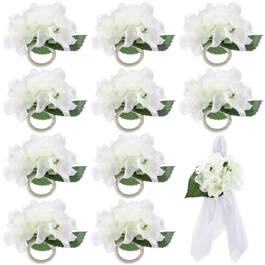 Yunsailing 12 Pcs Hydrangea Flower Napkin Rings Flower Handmade Napkin Holder Rings Floral Handicraft Band for Table Decorations Wedding Anniversary Holiday Birthday Party Supplies(White)