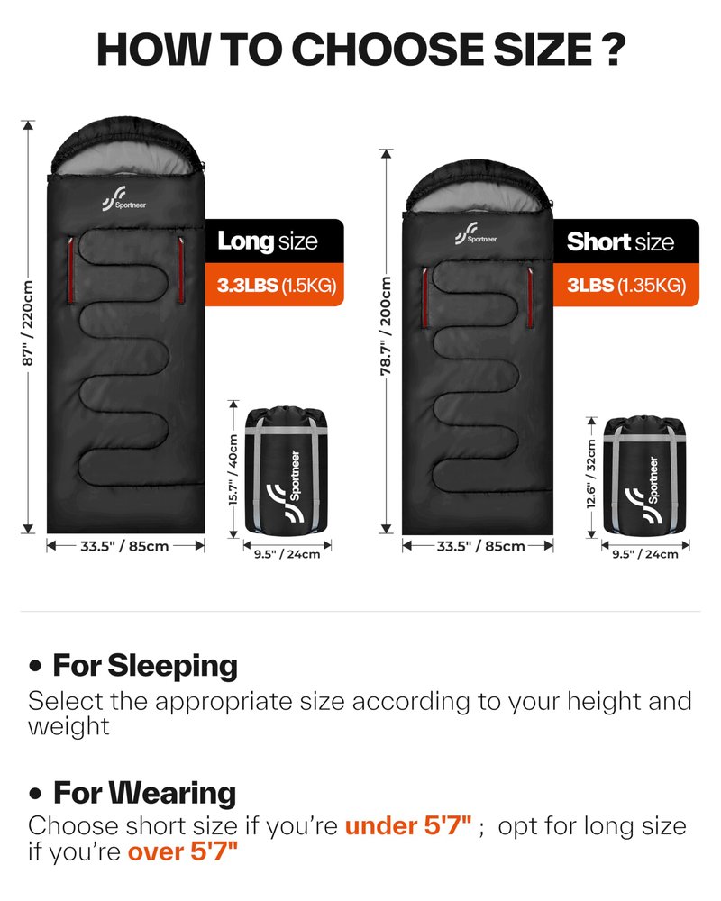 Sportneer Wearable Sleeping Bag for Adults & Kids – Walkable with Arm Zippers, 4 Season Lightweight Portable, Compact for Camping, Hiking, Backpacking, Travel & Outdoor Events