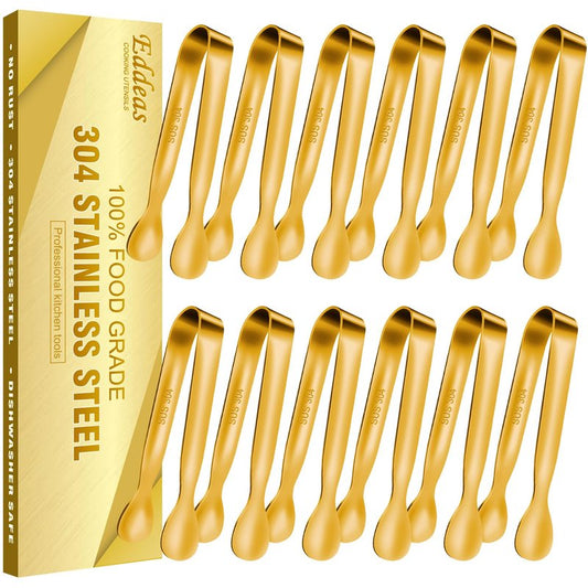 EDDEAS 12 PCS Small Serving Tongs, 4.3" Mini Gold Tongs, Gold Kitchen Tongs for Serving Food, Coffee Bar, Tea Party, Desserts Party and Ice Bucket