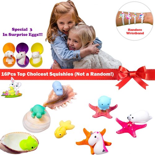 Claw Machine Prizes Toys Refill for Kids - 3X Surprise Eggs Easter Basket Stuffers, Easter Egg Fillers, Mochi Squishies 16pcs Mini Kawaii Cat Stress Relief Unicorn Party Favors Girls Classroom Prize