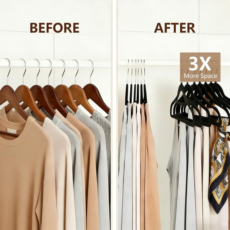 Slim Non-Slip Black Velvet Hangers, Space Saving Heavy Duty Felt Hangers with 360° Swivel Silver Hooks, 50 Pack