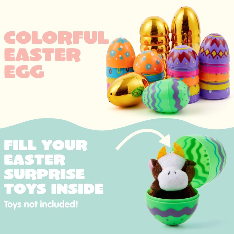 JOYIN 36 Pcs 3.15" Colorful Printed Eggs Include 8 Golden, Plastic Fillable Empty Eggs for Easter Hunt, Basket Stuffer Filler, Classroom Prize, Party Favors